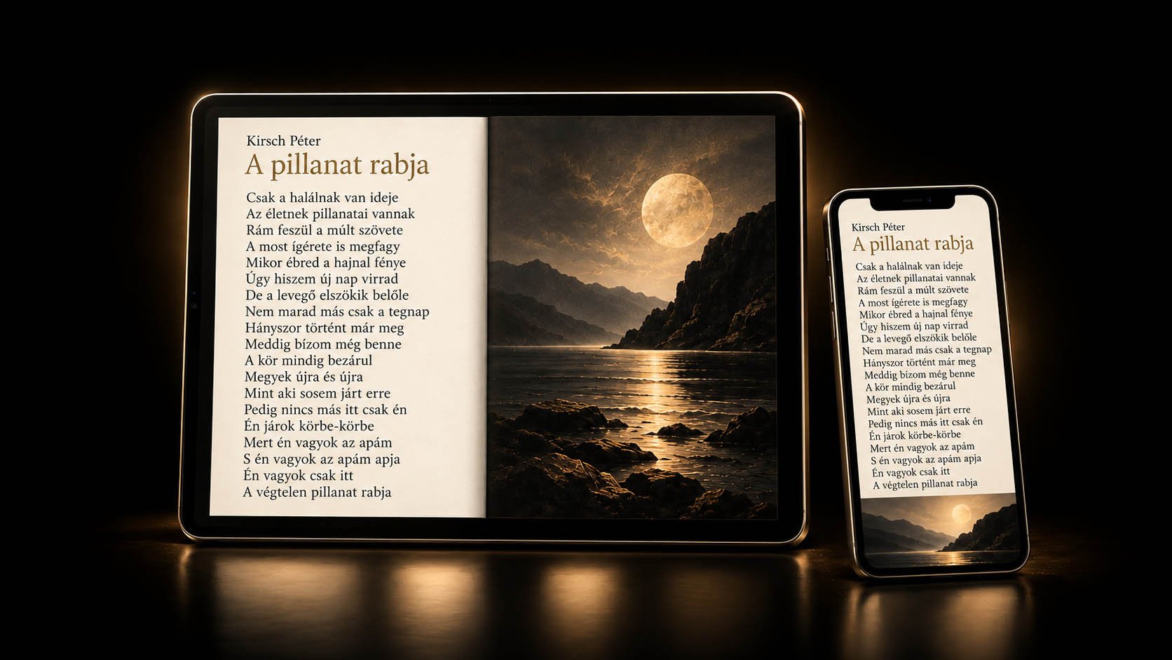 Kirsch Péter A pillanat rabja című verse digitális kiadványban, tableten és mobiltelefonon